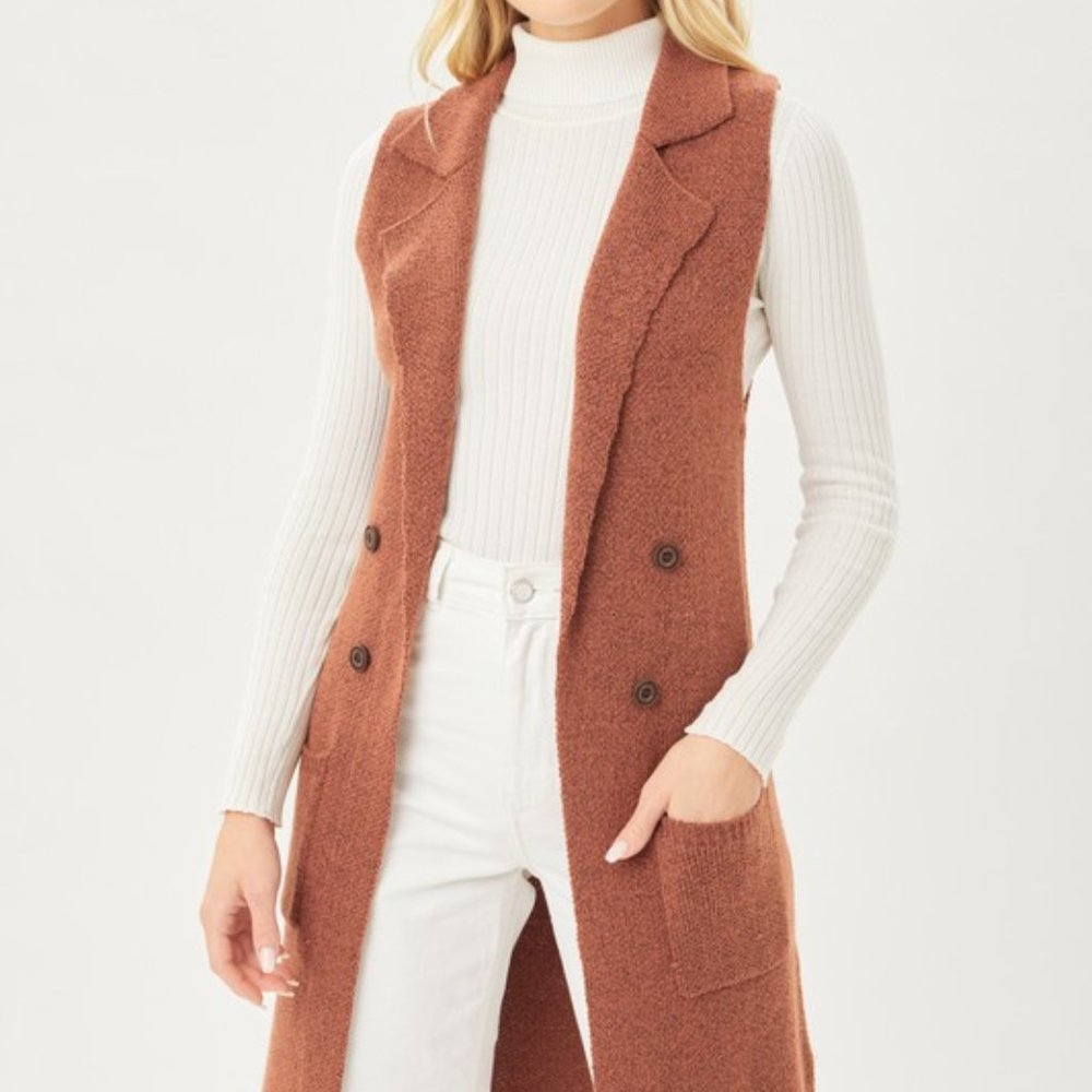 Women's Sleeveless Long Front Pocket Cardigan Vest, Color is CLAY